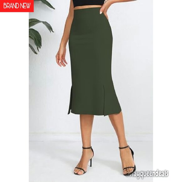 Stretch High Waist Pencil Skirt Midi Slit Office Bodycon - Picture 4 of 7